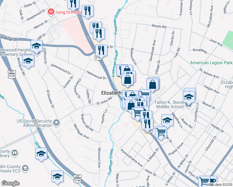 map of restaurants, bars, coffee shops, grocery stores, and more near 108-168 St John Rd in Elizabethtown