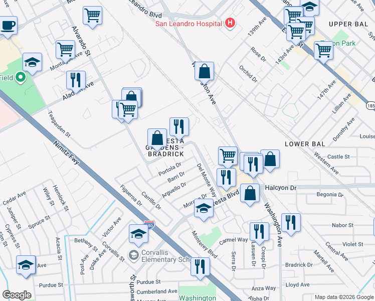 map of restaurants, bars, coffee shops, grocery stores, and more near 3411 Del Monte Way in San Leandro