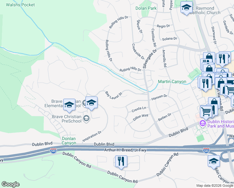map of restaurants, bars, coffee shops, grocery stores, and more near 11324 Bay Laurel Street in Dublin