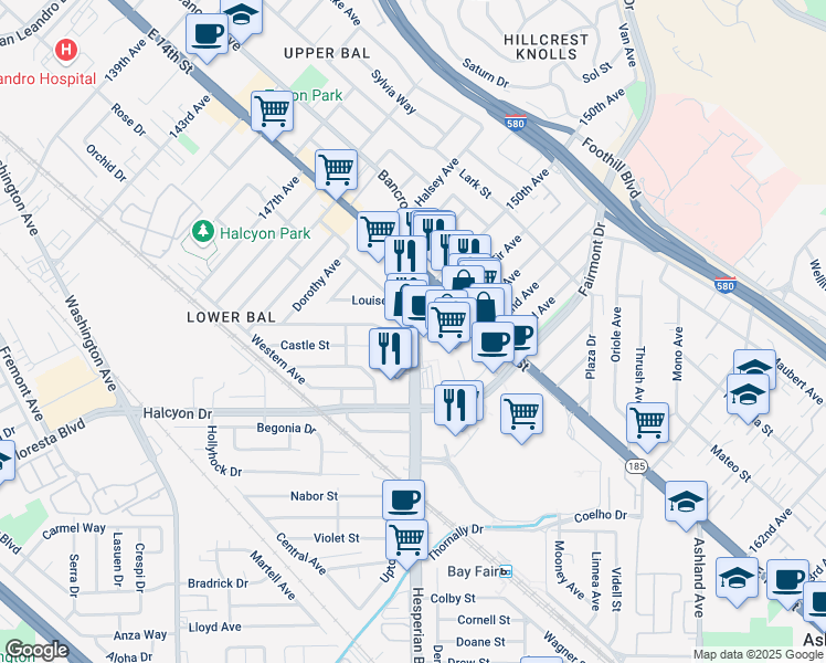 map of restaurants, bars, coffee shops, grocery stores, and more near Hesperian Boulevard & Grace Street in San Leandro