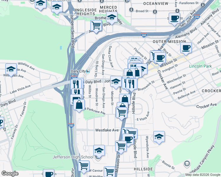 map of restaurants, bars, coffee shops, grocery stores, and more near 38 Miriam Street in Daly City