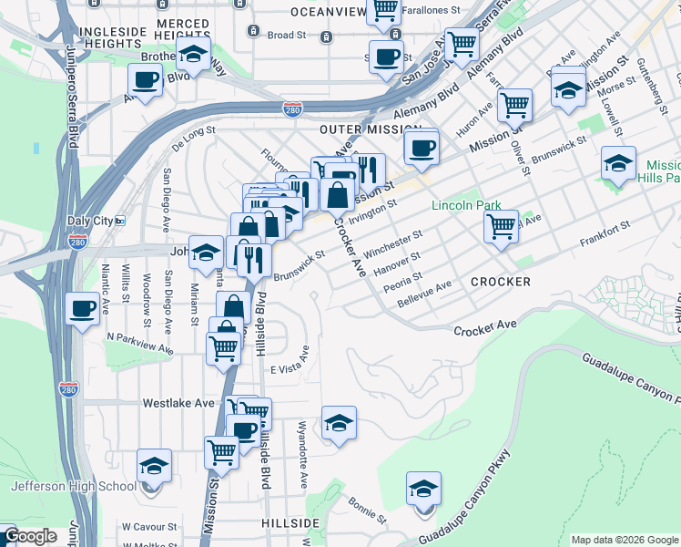 map of restaurants, bars, coffee shops, grocery stores, and more near 561 Winchester Street in Daly City