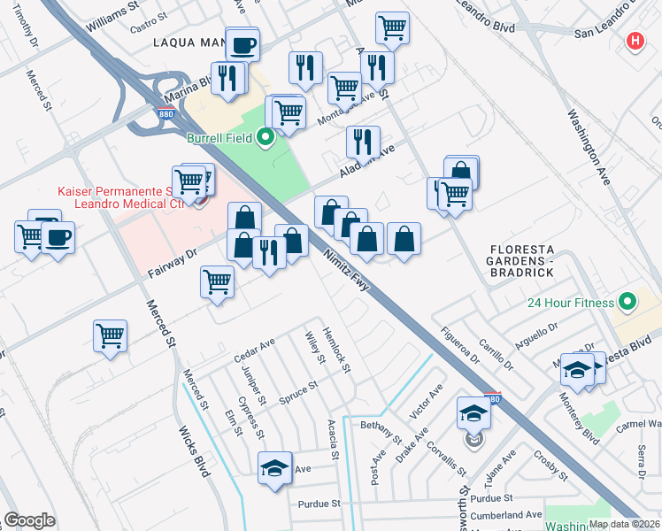 map of restaurants, bars, coffee shops, grocery stores, and more near 1207 Amherst Court in San Leandro