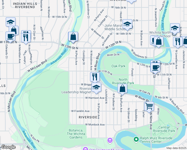 map of restaurants, bars, coffee shops, grocery stores, and more near 1155 North River Boulevard in Wichita