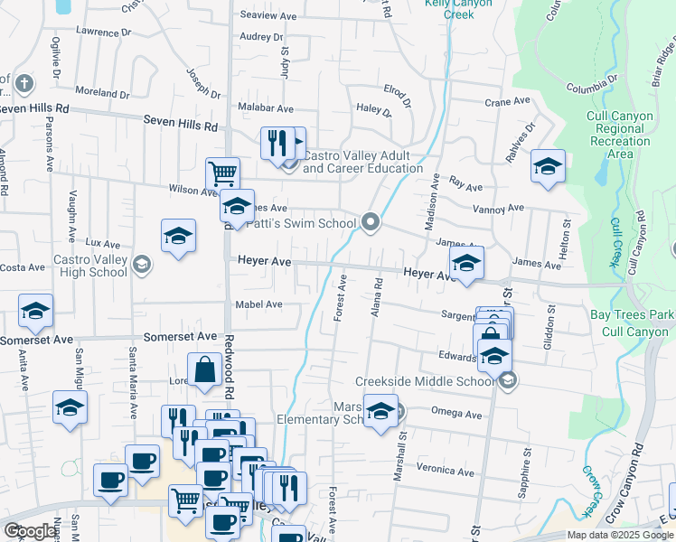 map of restaurants, bars, coffee shops, grocery stores, and more near 19540 Forest Avenue in Castro Valley