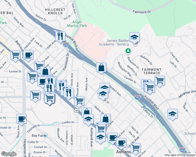map of restaurants, bars, coffee shops, grocery stores, and more near 15801 Maubert Avenue in San Leandro
