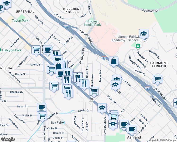 map of restaurants, bars, coffee shops, grocery stores, and more near 1633 Oriole Avenue in San Leandro