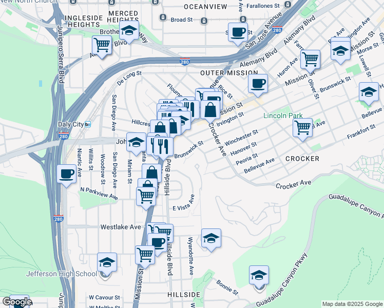 map of restaurants, bars, coffee shops, grocery stores, and more near 1329A Brunswick Street in Daly City