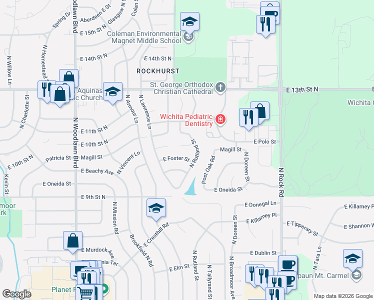 map of restaurants, bars, coffee shops, grocery stores, and more near 7308 East Foster Street in Wichita