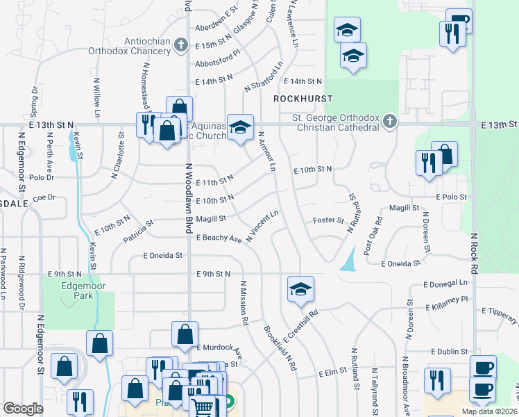 map of restaurants, bars, coffee shops, grocery stores, and more near 6605 Magill Street in Wichita