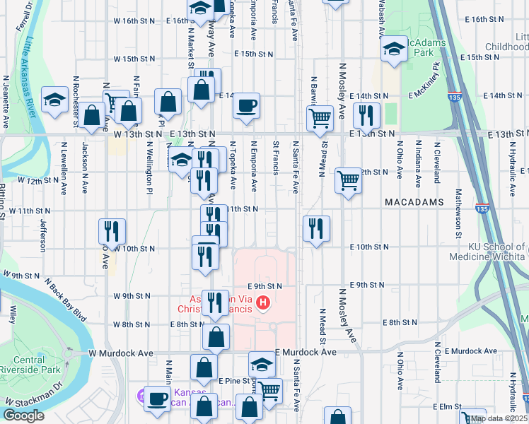 map of restaurants, bars, coffee shops, grocery stores, and more near 1149 North Saint Francis Street in Wichita