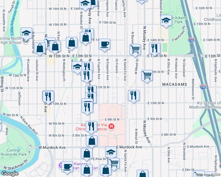 map of restaurants, bars, coffee shops, grocery stores, and more near 1149 North Saint Francis Street in Wichita