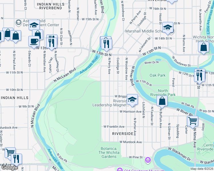 map of restaurants, bars, coffee shops, grocery stores, and more near 1135 North Perry Avenue in Wichita
