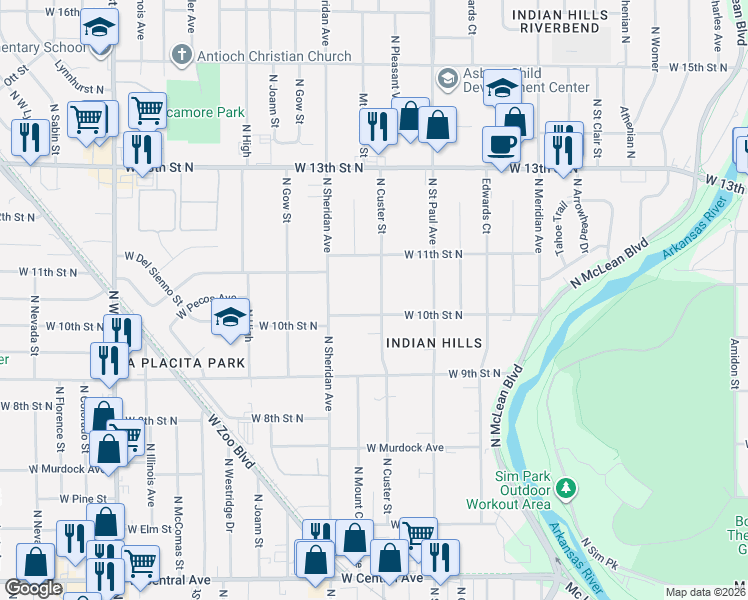 map of restaurants, bars, coffee shops, grocery stores, and more near 3100-3204 W 10th St N in Wichita