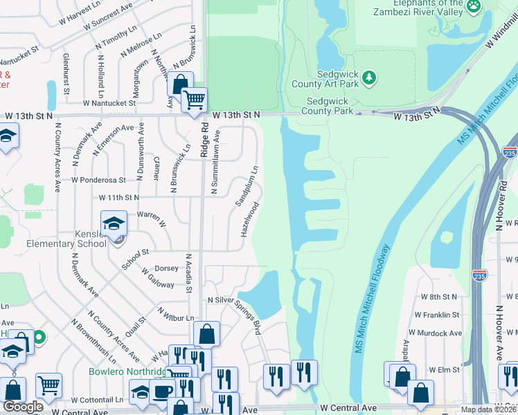 map of restaurants, bars, coffee shops, grocery stores, and more near 1144 Hazelwood in Wichita
