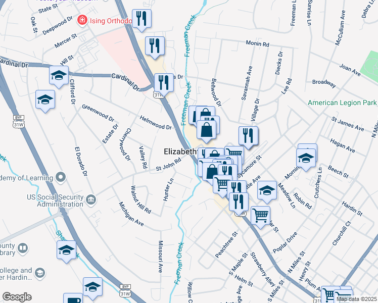 map of restaurants, bars, coffee shops, grocery stores, and more near in Elizabethtown