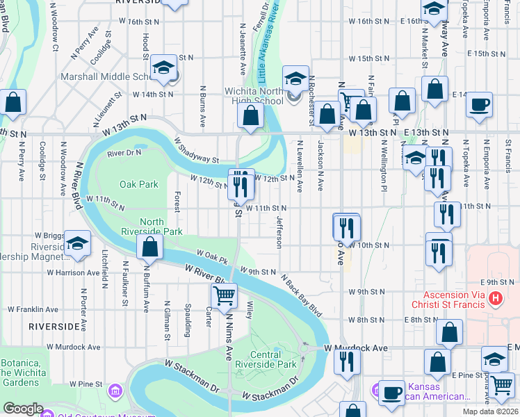 map of restaurants, bars, coffee shops, grocery stores, and more near 1198 Larimer in Wichita