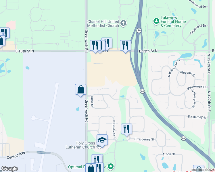 map of restaurants, bars, coffee shops, grocery stores, and more near 11428 East Pine Meadow Court in Wichita
