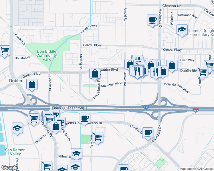 map of restaurants, bars, coffee shops, grocery stores, and more near Campus Drive in Dublin