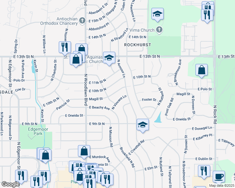 map of restaurants, bars, coffee shops, grocery stores, and more near 6605 Magill Street in Wichita