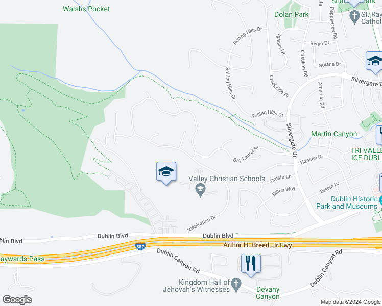map of restaurants, bars, coffee shops, grocery stores, and more near 11096 Inspiration Circle in Dublin