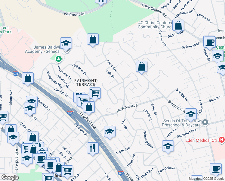 map of restaurants, bars, coffee shops, grocery stores, and more near 2366 Prosperity Way in San Leandro