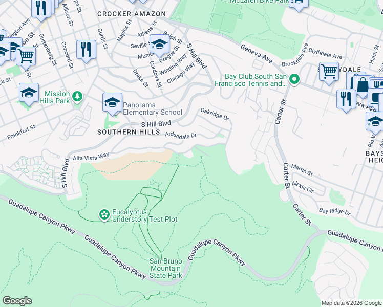map of restaurants, bars, coffee shops, grocery stores, and more near 61 Alta Vista Way in Daly City