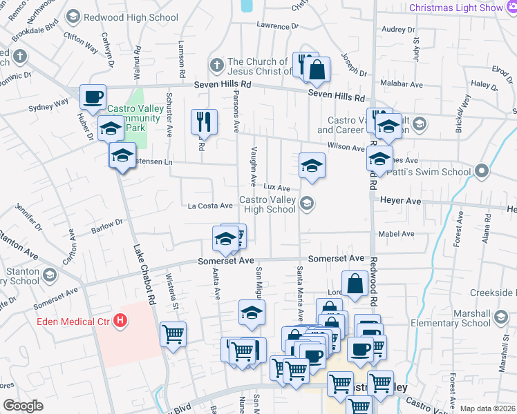 map of restaurants, bars, coffee shops, grocery stores, and more near 19408 Vaughn Avenue in Castro Valley