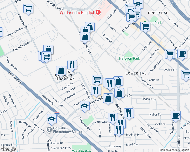 map of restaurants, bars, coffee shops, grocery stores, and more near 3446 Chaplet Street in San Leandro