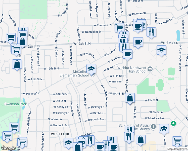 map of restaurants, bars, coffee shops, grocery stores, and more near 1201 North Waddington Avenue in Wichita