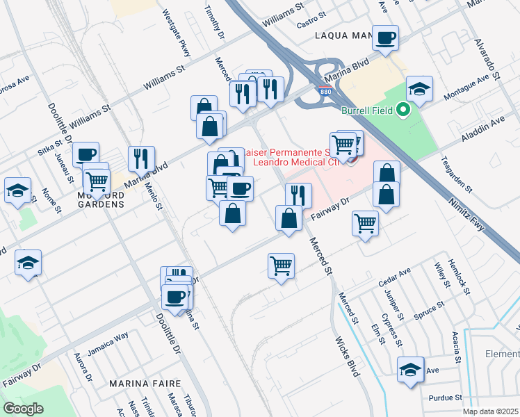 map of restaurants, bars, coffee shops, grocery stores, and more near 2591 Nicholson Street in San Leandro