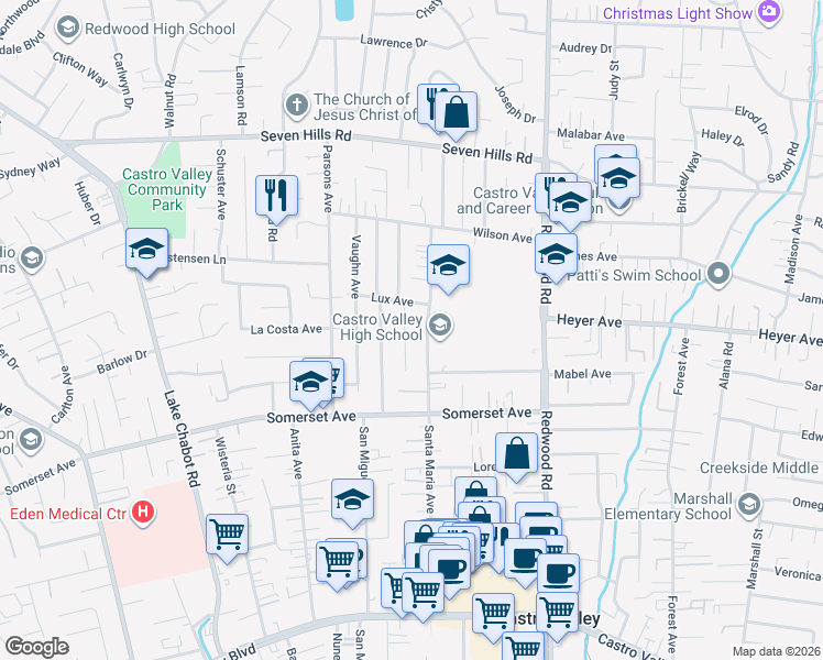 map of restaurants, bars, coffee shops, grocery stores, and more near 19432 Garrison Avenue in Castro Valley