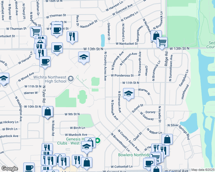 map of restaurants, bars, coffee shops, grocery stores, and more near 989-1099 North Country Acres Avenue in Wichita