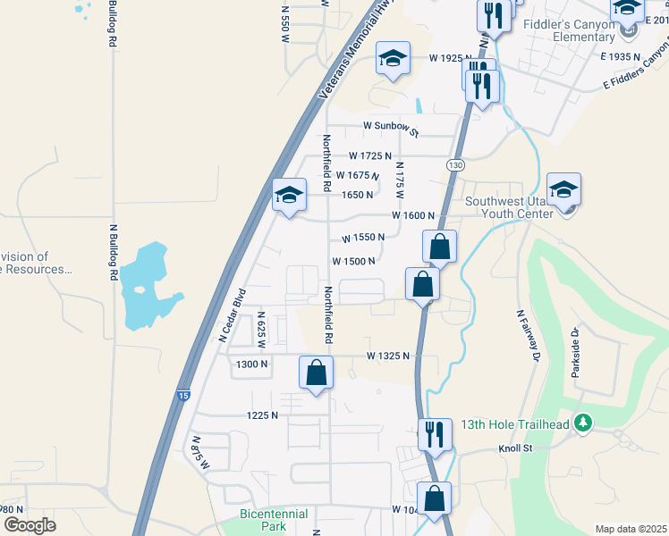 map of restaurants, bars, coffee shops, grocery stores, and more near 1484 400 West Street in Cedar City