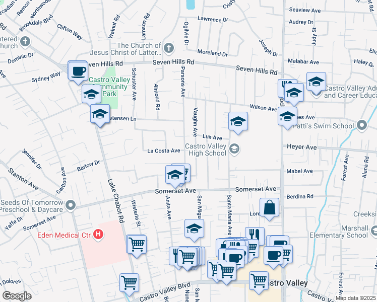 map of restaurants, bars, coffee shops, grocery stores, and more near 19460 Parsons Avenue in Castro Valley