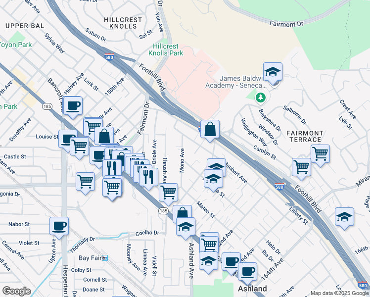 map of restaurants, bars, coffee shops, grocery stores, and more near 1612 Mono Avenue in San Leandro