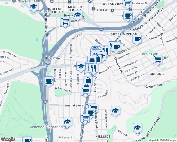 map of restaurants, bars, coffee shops, grocery stores, and more near 6500 Mission Street in Daly City
