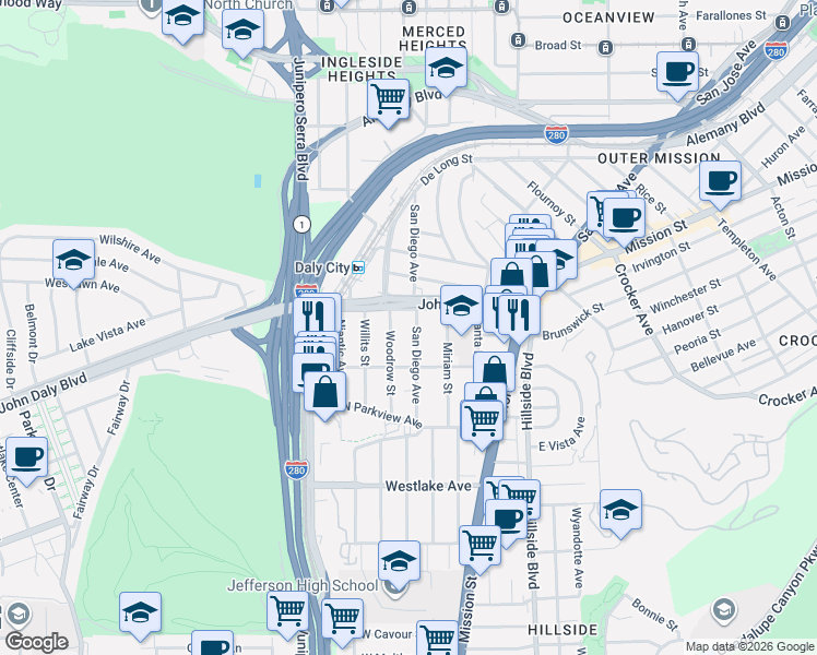 map of restaurants, bars, coffee shops, grocery stores, and more near 51 Woodrow Street in Daly City