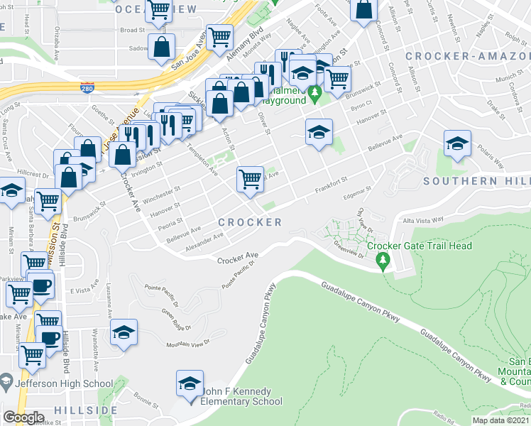 map of restaurants, bars, coffee shops, grocery stores, and more near Frankfort St & Acton St in Daly City