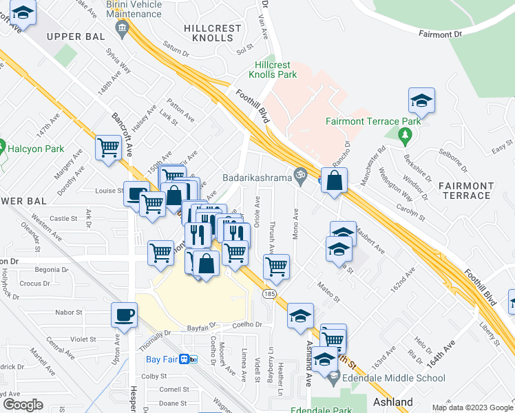 map of restaurants, bars, coffee shops, grocery stores, and more near 1642 Oriole Avenue in San Leandro