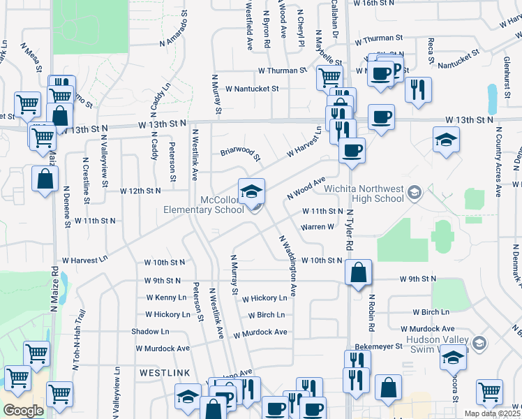 map of restaurants, bars, coffee shops, grocery stores, and more near 1201 North Waddington Avenue in Wichita