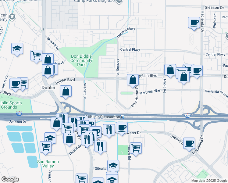 map of restaurants, bars, coffee shops, grocery stores, and more near 5421 Campbell Lane in Dublin