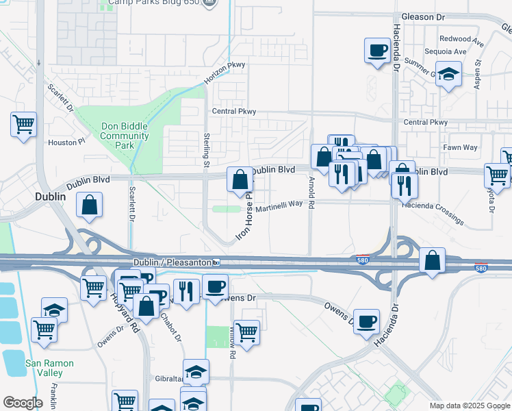 map of restaurants, bars, coffee shops, grocery stores, and more near 5575 Martinelli Way in Dublin