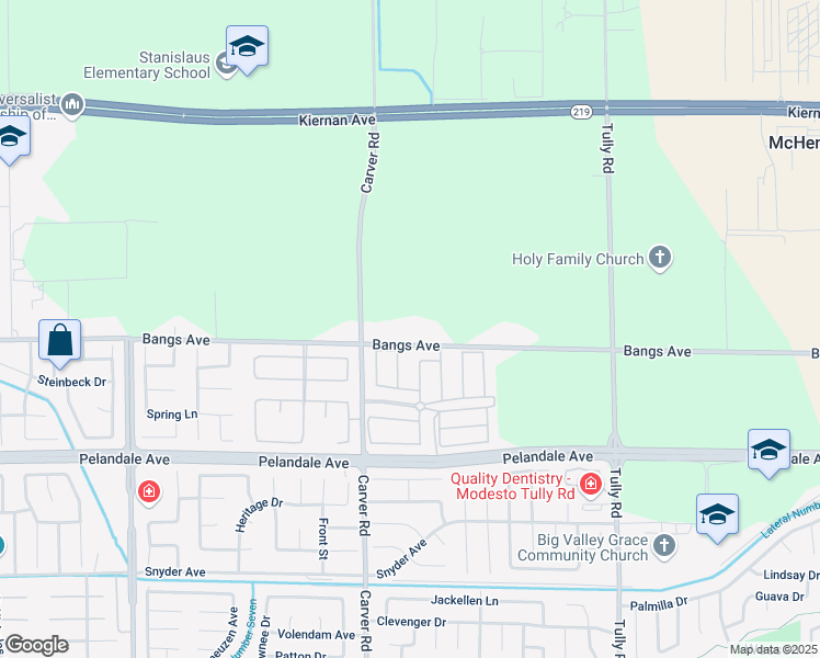 map of restaurants, bars, coffee shops, grocery stores, and more near 1613 Bangs Avenue in Modesto