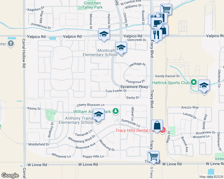 map of restaurants, bars, coffee shops, grocery stores, and more near 1305 Tom Fowler Drive in Tracy