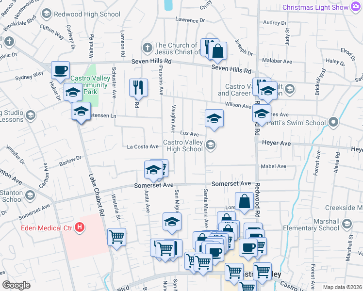 map of restaurants, bars, coffee shops, grocery stores, and more near 19443 San Miguel Avenue in Castro Valley