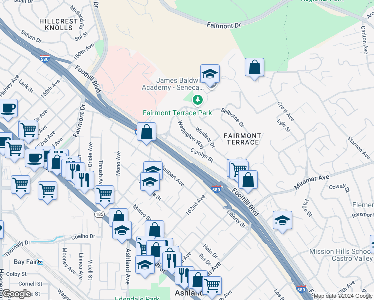 map of restaurants, bars, coffee shops, grocery stores, and more near 16067 Carolyn Street in San Leandro