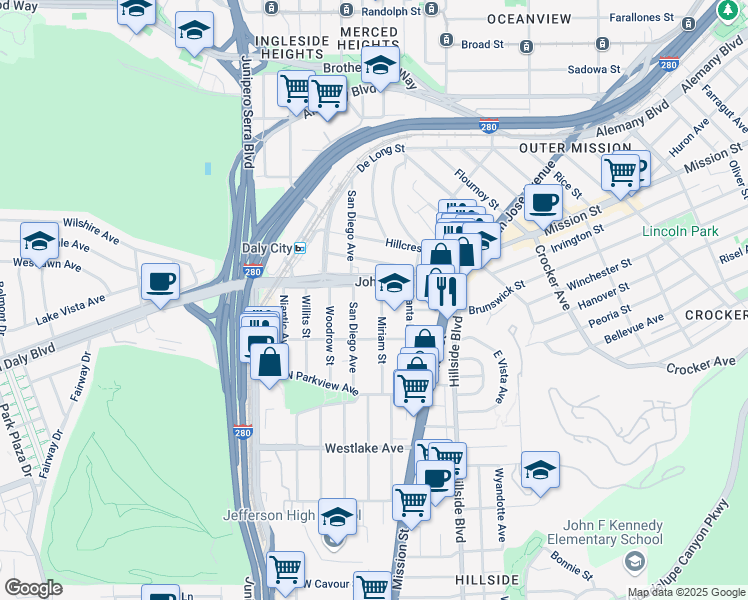 map of restaurants, bars, coffee shops, grocery stores, and more near 56 Miriam Street in Daly City