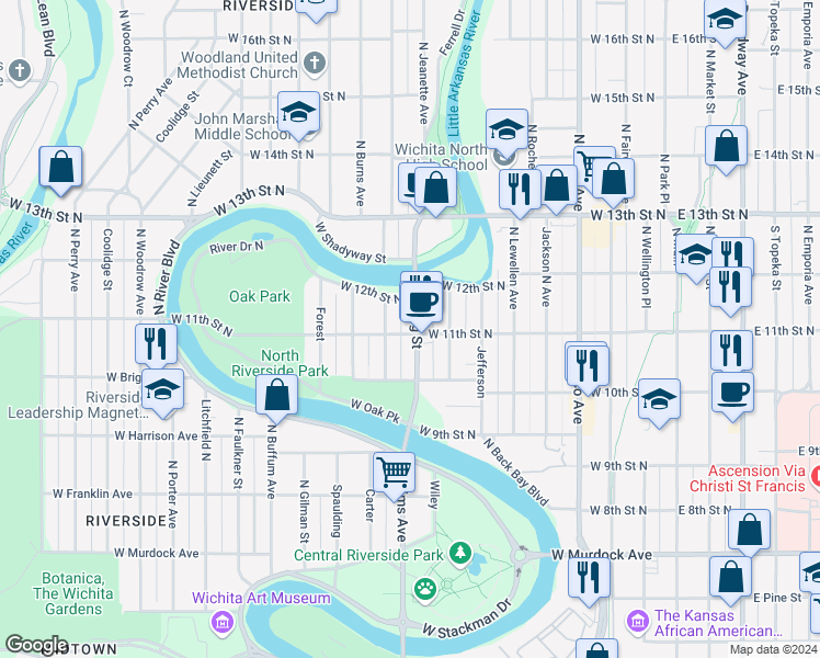 map of restaurants, bars, coffee shops, grocery stores, and more near 1139 Bitting Street in Wichita
