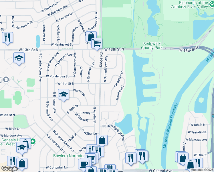 map of restaurants, bars, coffee shops, grocery stores, and more near 1133 North Sandplum Lane in Wichita